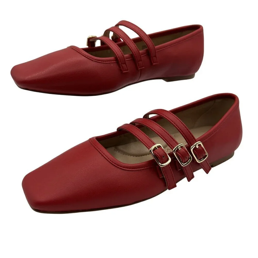 Coconuts New By Matisse 6 Red Triple Strap Mary Jane Ballet Flats Square Toe